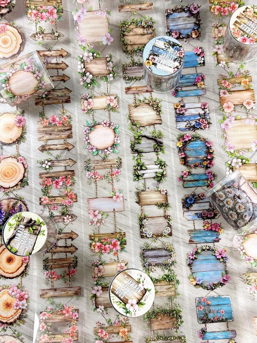 1卷创意木纹标签风景PET装饰胶带，适用于剪贴簿、DIY、手账、杂志、相册 - 彩色 - 查看 1