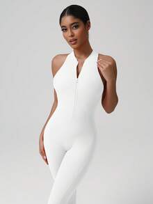 女士拉链前开无袖连体裤，紧身运动服，适合瑜伽、健身房、健身运动 - 白色 - 查看 6