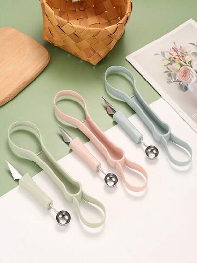 1 pieza Boleador de frutas de acero inoxidable 3 en 1, cuchillo multiusos para tallar melones, removedor de semillas de frutas y verduras y cuchara para helado