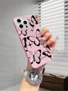 1pc Fashionable Pink IMD Glitter Phone Case, Butterfly Pattern Design, Durable And Shockproof, Compatible With IPhone 17/17 Pro/17 Max/17 Air/16/15/14/13/12/11, S25, OPPO, Vivo, Redmi, Transsion Series - Pink - View 3
