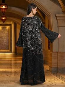 Solessence 女士优雅串珠刺绣圆领阿拉伯风格连衣裙 - 黑色 - 查看 6