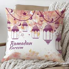 1pc Ramadan Kareem Minimalist Moon Lantern Illustration Cushion Cover, Single-Sided Soft Peach Velvet Fabric, 45*45CM Pillow Sham Suitable For Room Decor, Indoor Living Room Sofa Decoration, Party Decor, Decorative Pillow Gift - Multicolor - View 8