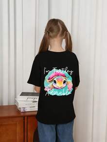 Cute Turtle Print Round Neck T-Shirt, Summer Top For Tween Girls - Black - View 2