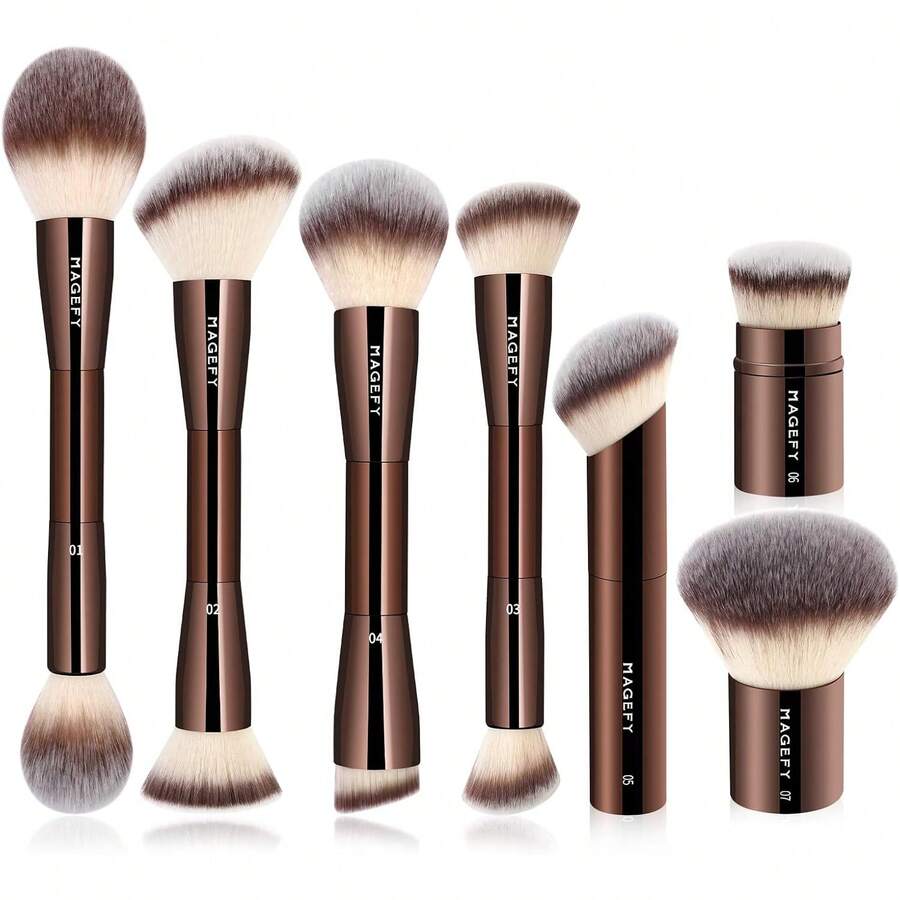 Brochas para Maquillaje Profesional, 7 PCS Brocha de Maquillaje de Doble Punta Kit de Aluminio Perfecto para Regalo Brochas de Maquillaje de Lujo (Marrón) - 1 - Ver 1