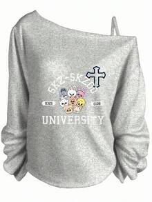 SKZOO Off - Shoulder Sweatshirt With Long Sleeves, Casual Gathered Cuffs, Front Graphic (SKZ - SKZOO Text, Cute Animal Characters, 0325 & 0109 Labels, UNIVERSITY Bold Print) - Fandom Fashion  Sweatshirt For SKZ Fans - Hoodies For Women,Valentine Outfits For Women,Vacation Outfits Women,Valentine's Day - 灰色 - 查看 1