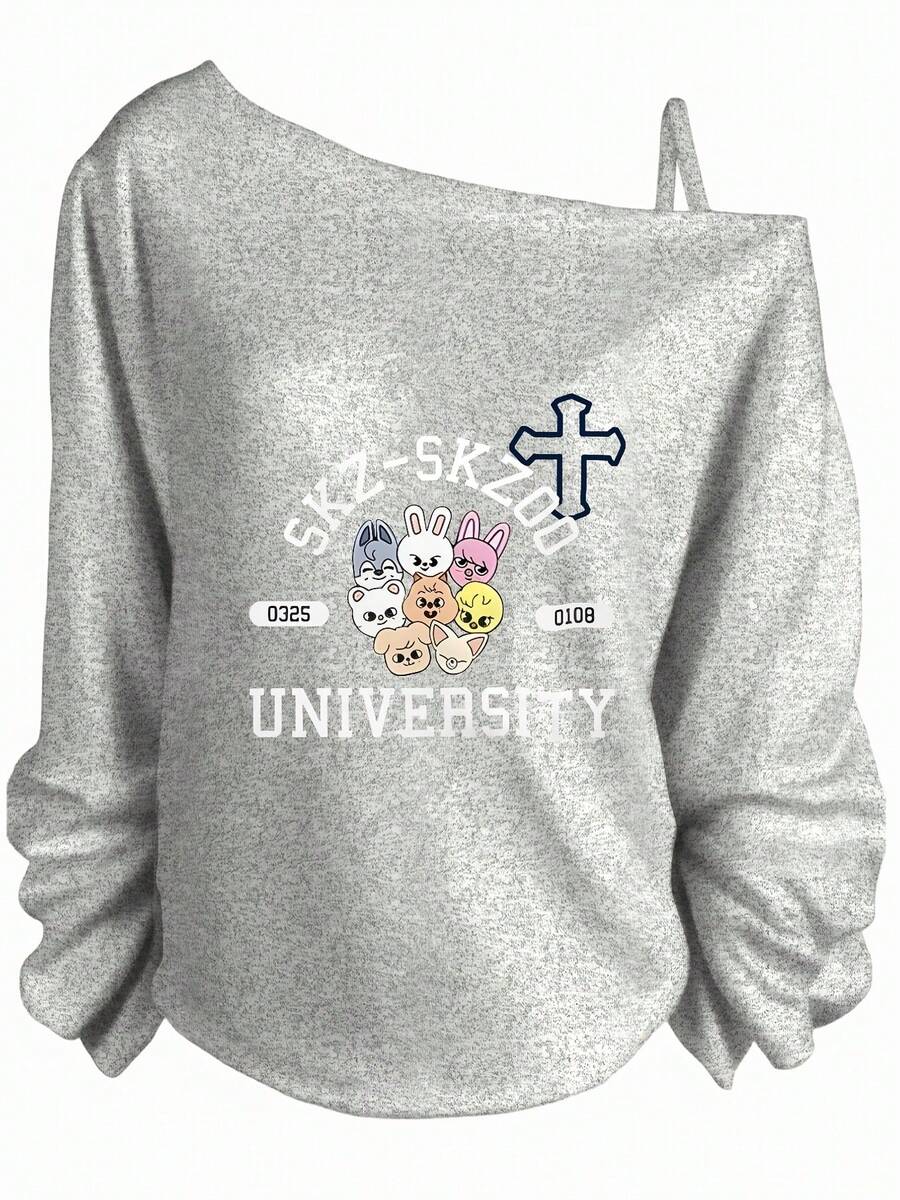 SKZOO Off - Shoulder Sweatshirt With Long Sleeves, Casual Gathered Cuffs, Front Graphic (SKZ - SKZOO Text, Cute Animal Characters, 0325 & 0109 Labels, UNIVERSITY Bold Print) - Fandom Fashion Sweatshirt For SKZ Fans - Hoodies For Women,Valentine Outfits For Women,Vacation Outfits Women,Valentine's Day - 灰色 - 查看 1