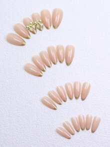 24pcs Golden French Edge Almond False Nails With A Golden Bow Design1pc Nail File & 1Nail Glue Sticker Kit Nails For Girl Mother Women Gift Whitening Nail Art Set With Detachable Fake Nails For Festival Party Date And Daily Wear - Multicolor - View 3