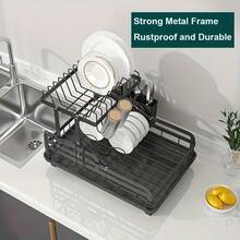 1pc 2 Dish Rack LargeCapacityDrainrack,SuitableforKitchenSavespaceCountertops,Includes Sink Tray, Sink Board, And Cutlery/Cutting Doard Holder A Must-Have For Womens Apar Tments/Kitchens Mother's Day Valentine's Day  Best Friends Day - 黑色 - 查看 4