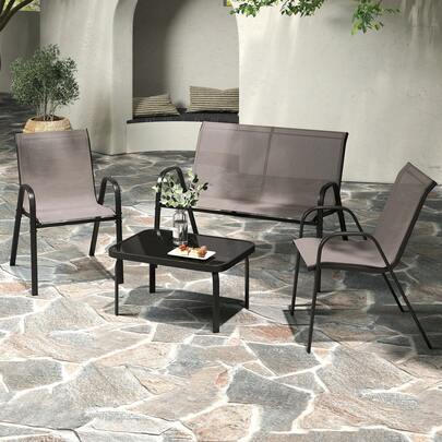  COSTWAY 4 Piece Patio Metal Chair Set, Modern Chair & Table Set W/ Fabric Seat, Tempered Glass Tabletop, Outdoor Conversation Furniture Set W/ Loveseat For Backyard, Porch, Poolside, Grey