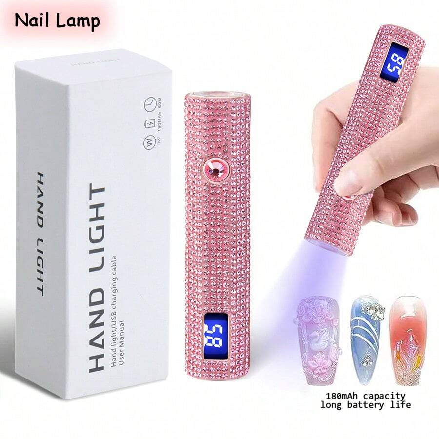 1pc USB Diamond Inlaid Handheld LED Nail Lamp With LCD Display, Multi-Functional Manicure Light Stand, Portable Mini Nail Dryer, With Diamond Decor, Suitable For Gel Nail Polish, Equipped With High-Efficiency LED Beads, 5X Magnifier, 20S/60S Quick Nail Curing/Drying, Christmas Gift, Gift For Others