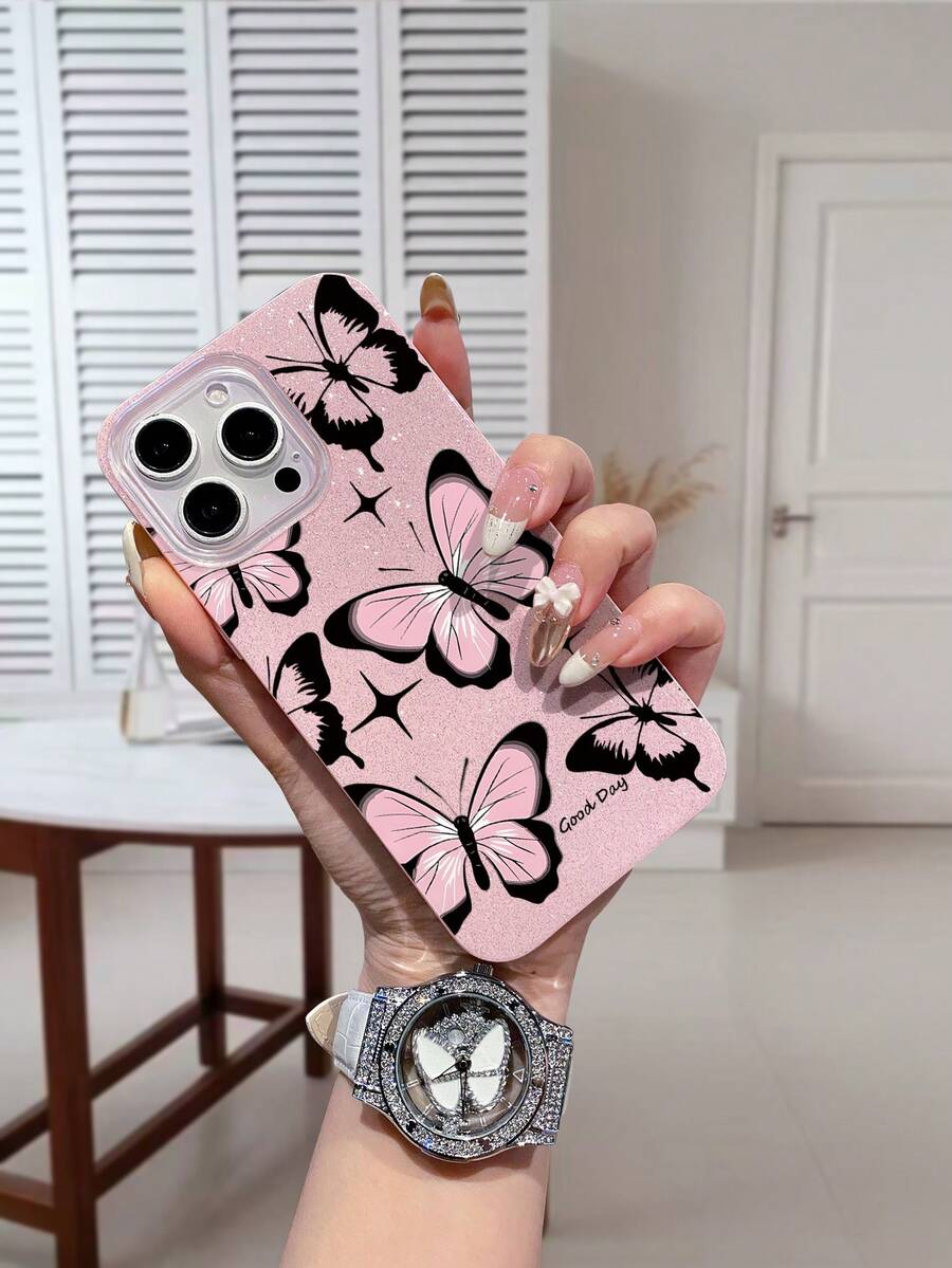 1pc Fashionable Pink IMD Glitter Phone Case, Butterfly Pattern Design, Durable And Shockproof, Compatible With IPhone 17/17 Pro/17 Max/17 Air/16/15/14/13/12/11, S25, OPPO, Vivo, Redmi, Transsion Series - Pink - View 1