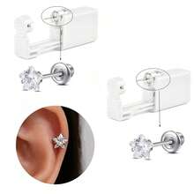 2 piezas Pistola desechable para perforar orejas - Herramienta de auto-perforación de acero inoxidable 316L con estrella de circonita cúbica | Uso indoloro en casa - Multicolor - Ver 1