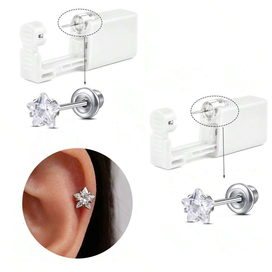2 piezas Pistola desechable para perforar orejas - Herramienta de auto-perforación de acero inoxidable 316L con estrella de circonita cúbica | Uso indoloro en casa - Multicolor - Ver 1