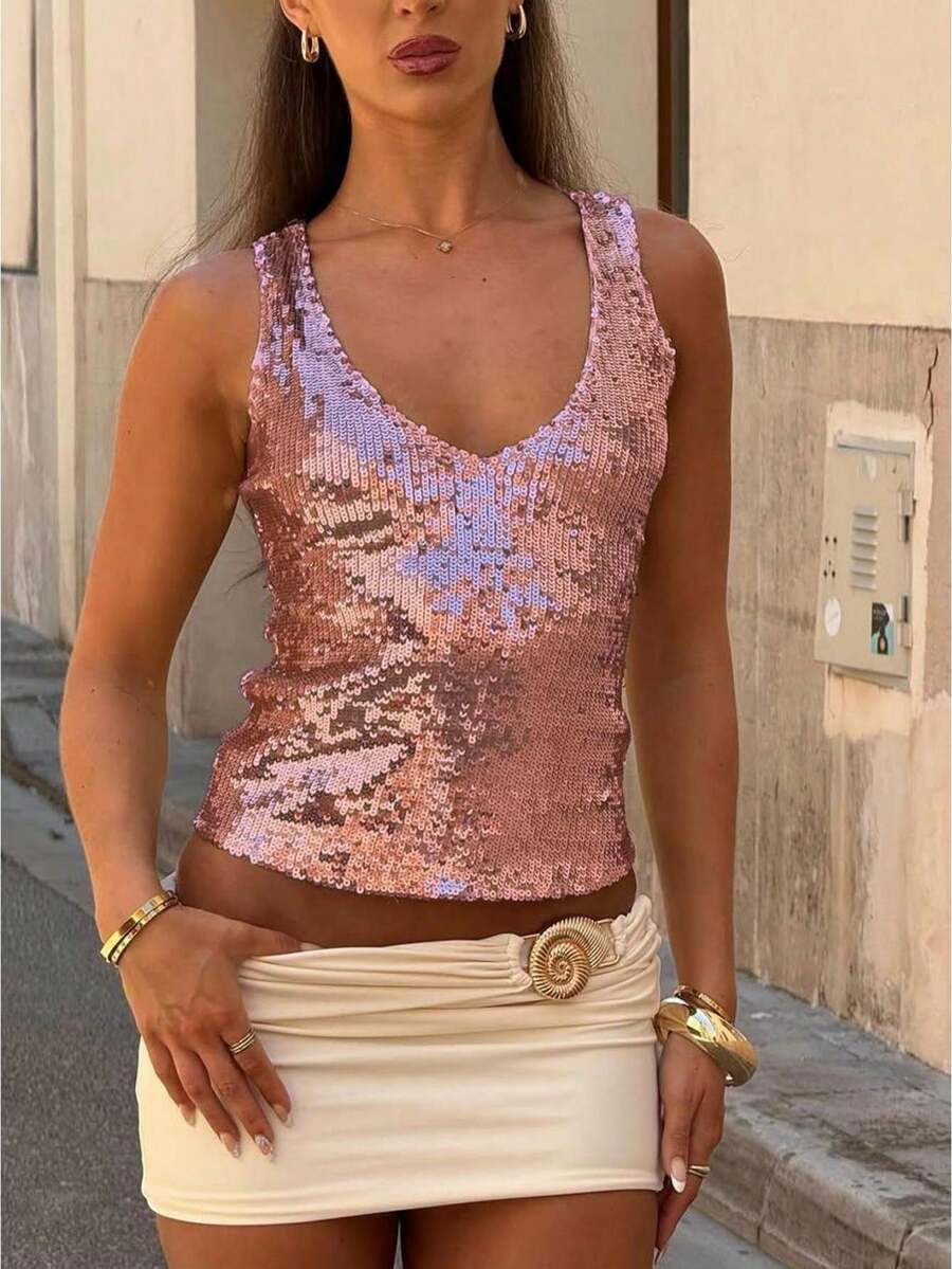 Womens Shiny Sequin Crop Tank Top, V Neck Sleeveless Party Streetwear Top - Pink - View 1