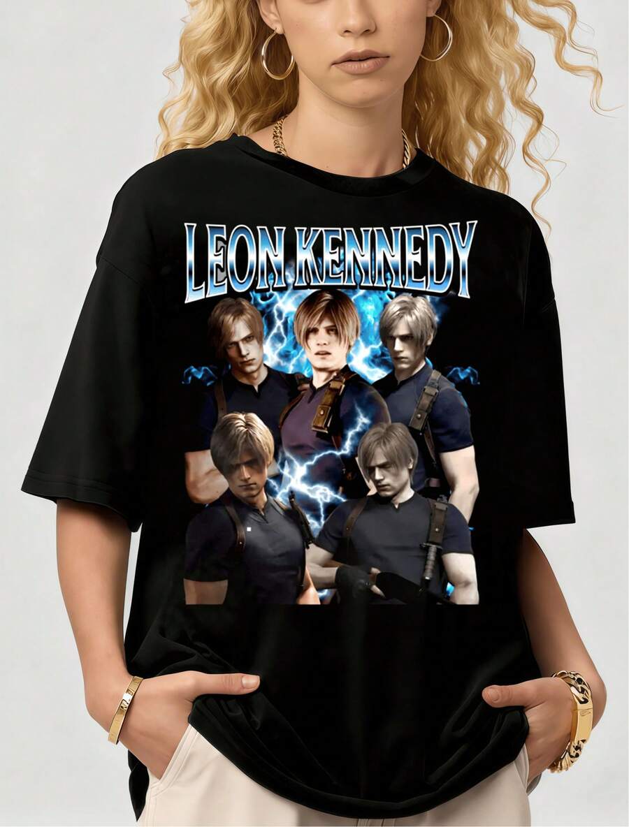 Residence Evil Leon S. Kennedy Bootleg T-Shirt Vintage Streetwear Clothing Fan Merchandise Unisex Merchandise Perfect For Gaming Fans Gaming Shirt - 黑色 - 查看 1