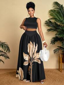 BIUBIU Bộ đồ 2 món dành cho nữ cỡ lớn, thanh lịch, thoải mái, thích hợp cho kỳ nghỉ, mùa hè, mang hơi hướng nhiệt đới (in họa tiết) màu đen. - màu đen - Xem 6