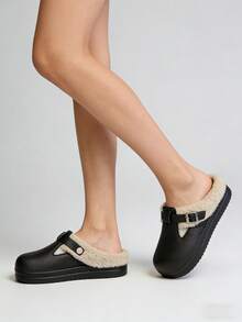 Women's Plush Slippers, Warm Indoor Shoes - PU Leather Upper, Soft Beige Plush Lining, Adjustable Strap, Thick Memory Foam Non-Slip Sole, Comfortable To Wear, Suitable For Indoor And Outdoor, Bedroom/Living Room Warmth And Comfort, Fashionable And Versatile, Perfect Christmas/New Year Gift For Women In 2025 - Warm And Comfortable Plush Lined Clogs To Keep You Warm Through The Winter - Black - View 2
