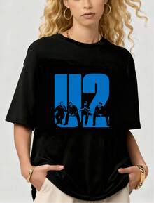 U2 Blaues Logo Silhouette Retro Baumwollgrafik Kurzarm-T-Shirt - Schwarz - Übersicht 6