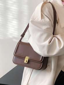 1pc Fashionable Solid Color Trim Minimalist Shoulder Square Bag - Coffee Brown - View 3