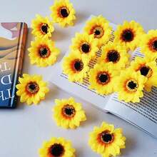 Woohome 120 Stück Künstliche Sonnenblumen 7CM und 9CM Kunstblumen Sonnenblumen Plastik Sonnenblume Köpfe für Haus Garten Zuhause Party Dekoration Props Gelb-9997 - Gelb - Übersicht 8