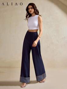Aliao High-End Indigo Washed Wide-Leg Pants, Old Money Style, Palace Style, Low-Key, Business Casual Women, Back To School Dance, Bohemian, New Year, Valentine's Day Outfit - Navy Blue - View 5