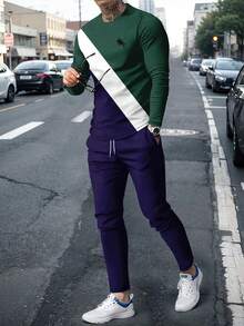 男士商务印花长袖T恤和长裤套装 - 彩色 - 查看 5