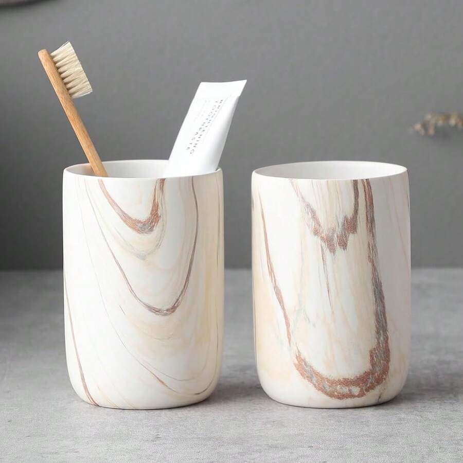 Brown Marble Toothbrush Holders - Ceramic Toothbrush Holders For Bathrooms, Toothbrush Toothpaste Holders, 2 Marble Bathroom Tumbler Cups Reusable Toothbrush Mouthwash Cup, Bathroom Counter Organizer,2pcs,BrownMarble - 棕色大理石 - 查看 1
