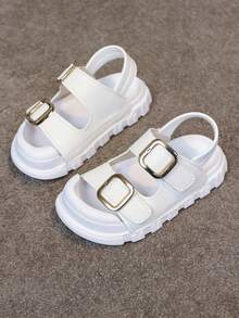 1 Pair Toddler Girls' Simple Casual Hook And Loop Sandals, Open Toe Flat Sandals - White - View 2