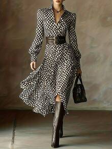 2026 Spring Women's Plaid Dress(No Belt) - V-Neck Lantern Sleeves High-Waist Irregular, French Retro Lady Style Party Gathering A-Line Dress ,Vestidos Elegantes Para Fiesta/Cruise Outfits/Brown Dresses For Women/Rave Outfits For Women/Office Outfits For Women - 黑色 - 查看 1