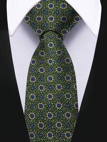 ZONFAZ 1pc Men's Business Fashion Green Floral Print 7.5cm Necktie, Suitable For Weddings, Gatherings, Parties, And Daily Commute - Green - View 1