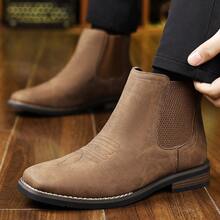 Men's Western Embroidered Chelsea Ankle Boots, Elastic Side Panels Square Toe Faux Leather Non-Slip Wear-Resistant Sole Casual Business Dress Boots For Office Work Daily Commute Fall Winter Wear - 棕色 - 查看 4