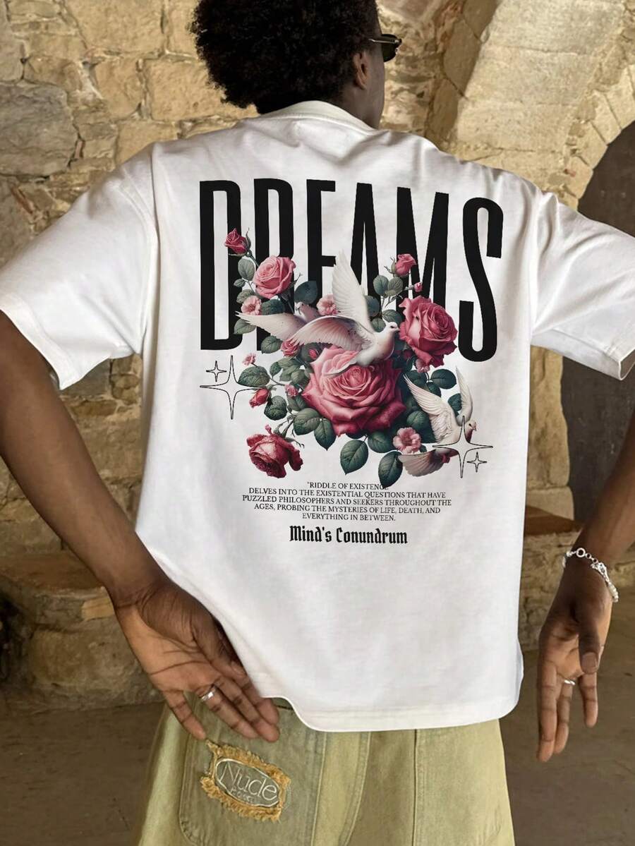 男士玫瑰花鸟图案T恤 夏季休闲时尚街头风 双面印花 柔软复古风 妩媚空灵美学 棉质触感