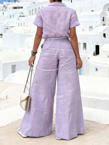 GLOURI Women's Lavender Collared Short-Sleeve Two-Piece Set - Button-Front & Wide-Leg Pants & Belt Detail | Elegant Relaxed Style For Coastal Vacations (Relaxed Silhouette & Waist-Defining Belt Detail) For Effortlessly Chic Looks - Màu tím - Xem 2