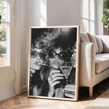 1幅装裱/未装裱奢华时尚女孩黑白帆布海报 Y2K鸡尾酒干杯吧台车墙面艺术印刷品复古时髦画作，适用于公寓、客厅、卧室、现代家居装饰