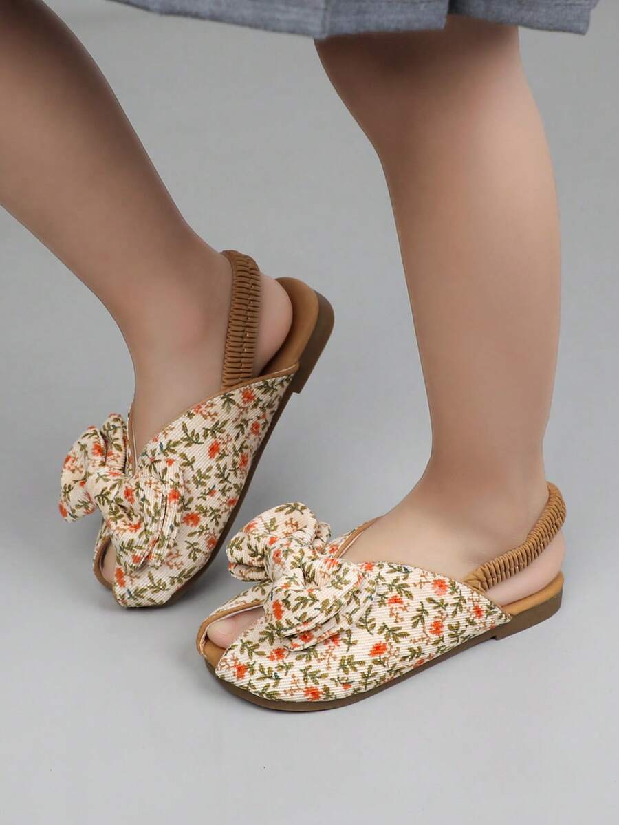 1 Pair Baby Girls' Casual Flat Sandals, Fashion Bow Slip-On Holiday Sandals - Apricot - View 1