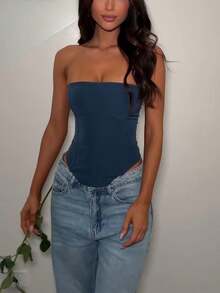 Womens Solid Tube Top, Slim Fit Tie Back Off Shoulder Sleeveless Crop Top For Summer Streetwear - 藍色 - 查看 1