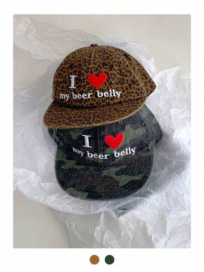 1顶软顶街头风豹纹棒球帽，美式街头字母爱心豹纹帽檐帽，适合早春甜美酷女孩，刺绣字母爱心豹纹平沿后扣帽，男女通用嘻哈街头滑板帽，大码棒球帽，复古街头辣妹软顶后扣帽，小众