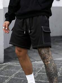 Quần short thể thao nam mùa hè với dây rút ở eo và túi bên hông, thiết kế sọc độc đáo, phù hợp cho chạy bộ, các môn thể thao dùng bóng, tập luyện và các hoạt động thể thao khác. Màu đen. - màu đen - Xem 1