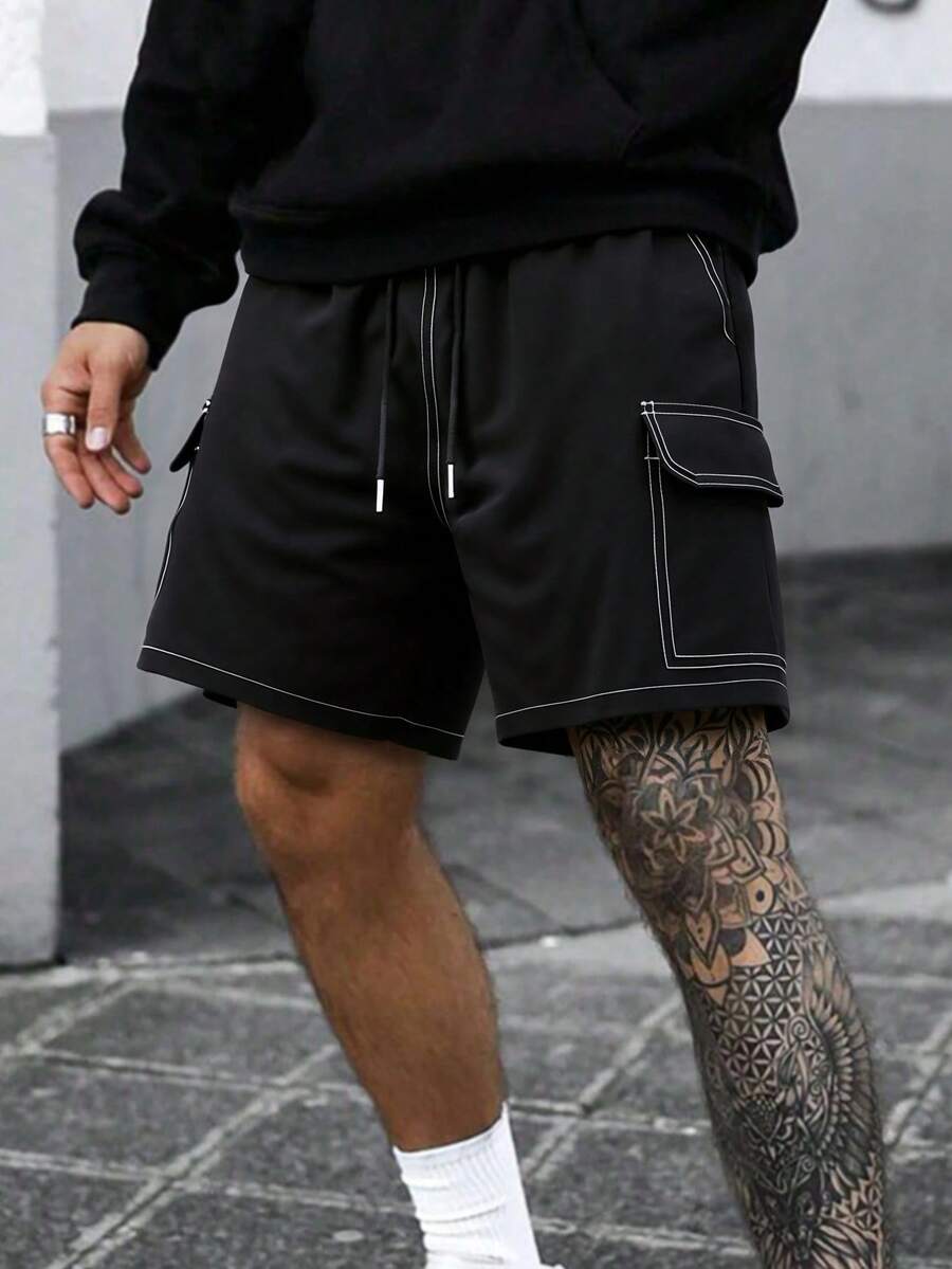 Quần short thể thao nam mùa hè với dây rút ở eo và túi bên hông, thiết kế sọc độc đáo, phù hợp cho chạy bộ, các môn thể thao dùng bóng, tập luyện và các hoạt động thể thao khác. Màu đen. - màu đen - Xem 1