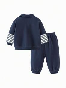 Bộ đồ trẻ em 2 món, áo nỉ giả nhiều lớp, chống xù lông, áo hoodie chui đầu và quần nỉ, bộ sưu tập Xuân 2026 - xanh đậm - Xem 2