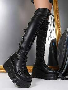 Women's Black Platform Boots Over Knee Thigh High Goth Boots For Women Lace Up Chunky Heel Motorcycle Boots Buckles Side Zip Lace Boots Dressy Party Y2K Shoes - màu đen - Xem 2
