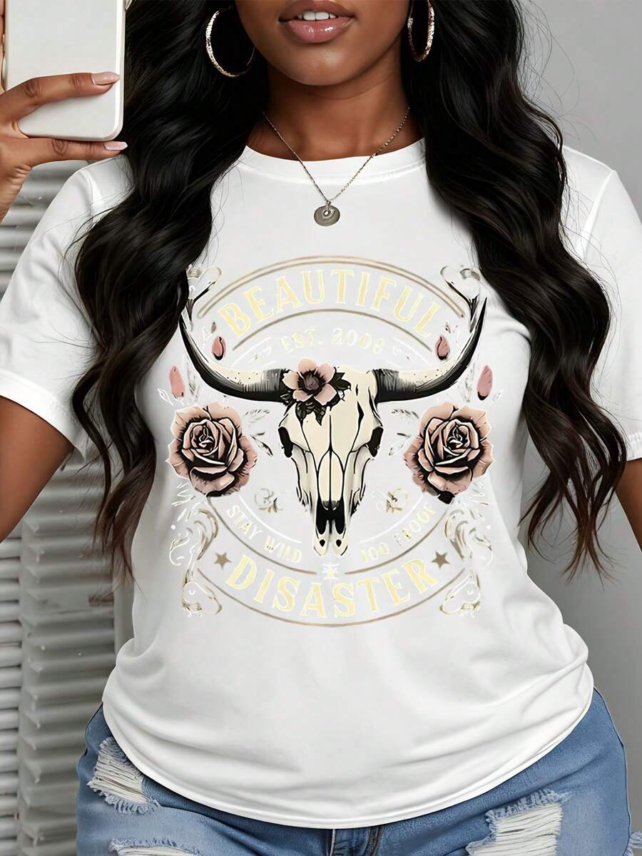 Beautiful Disaster T Shirt Black Bull Skull And Roses Graphic Print For Casual Wear - White - View 1
