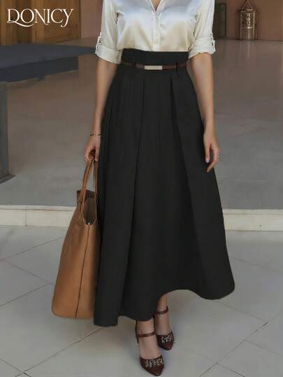 DONICY 女士纯色高腰褶裥中长A字裙，休闲优雅荷叶边裙，适合春夏、时尚、商务、休闲、音乐节、派对、情人节等场合。