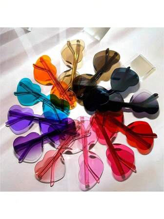 POLASUP 12pcs Heart-Shaped Ombre Y2K Music Festival Party Frameless Multicolor Deformed Jelly Color Pink Orange Green Red Rainbow Neon Retro Kawaii Selfie Prop Polygon Glasses, Suitable For Beach, Party, Bar, Holiday, Valentine's Day, Halloween