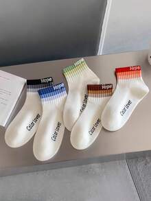 5 pares de calcetines cortos para mujer, estampado de letras deportivo y casual, rayas coloridas de malla transpirable y absorbente del sudor, diseño sencillo para primavera/verano - Multicolor - Ver 2