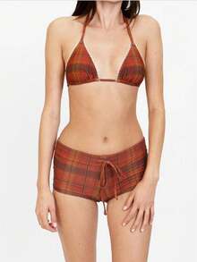 Women Y2k Plaid Shorts Bikini Set Halter Triangle Bikini Top Micro Shorts Sets Aesthetic Gingham Swimsuit - Cà phê nâu - Xem 1