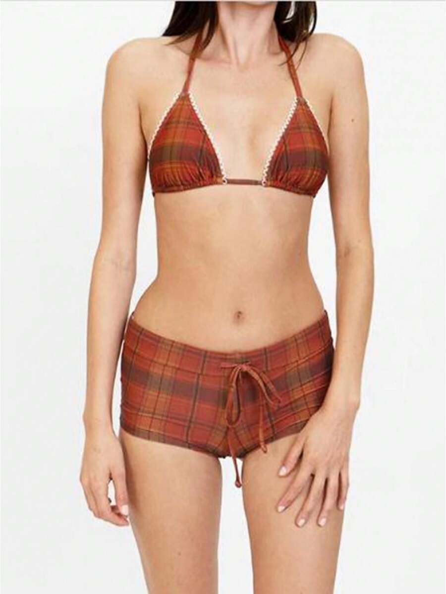 Women Y2k Plaid Shorts Bikini Set Halter Triangle Bikini Top Micro Shorts Sets Aesthetic Gingham Swimsuit - Cà phê nâu - Xem 1