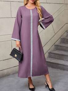 Vestido árabe de mujer talla grande con patchwork de rayas, botones, encaje y cinta - Púrpura malva - Ver 4