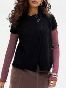 Womens Spring Summer Short Sleeve Cardigan Sweaters  Crew Neck Button Down Ribbed Knit Outwear Y2k Clothes - Black - View 3