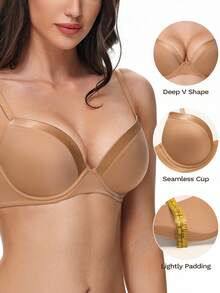 WINGSLOVE Este Sutiã Bege Profundo em V Sem Costura é Muito Popular: Acolchoamento Leve, Alças Ajustáveis Cruzadas e Tecido Liso - Combina Ajuste Invisível e Efeitos de Modelagem. Design Versátil, Combina Perfeitamente com Tops/Vestidos em V e Uso Diário, Tornando-o uma Escolha Ideal para Quem Busca Lingerie Confortável e da Moda! - Castanho - Visão 3